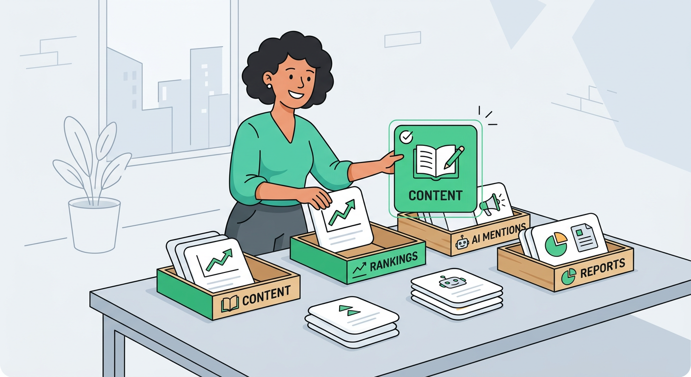 Playful flat vector illustration of one friendly SEO strategist placing simple cards labeled by icons for rankings, conten...