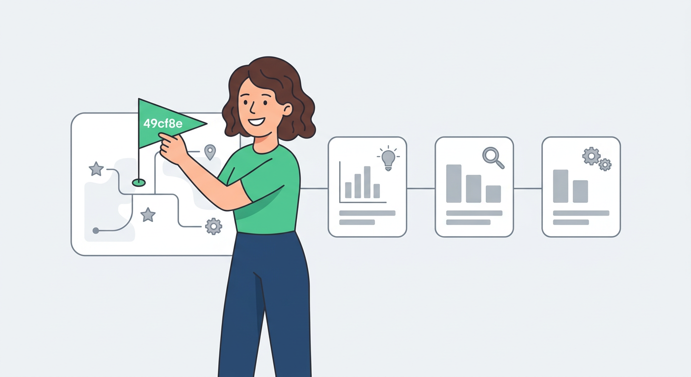 Playful flat vector illustration of a friendly strategist placing a small #49cf8e flag on a white roadmap card, while thre...