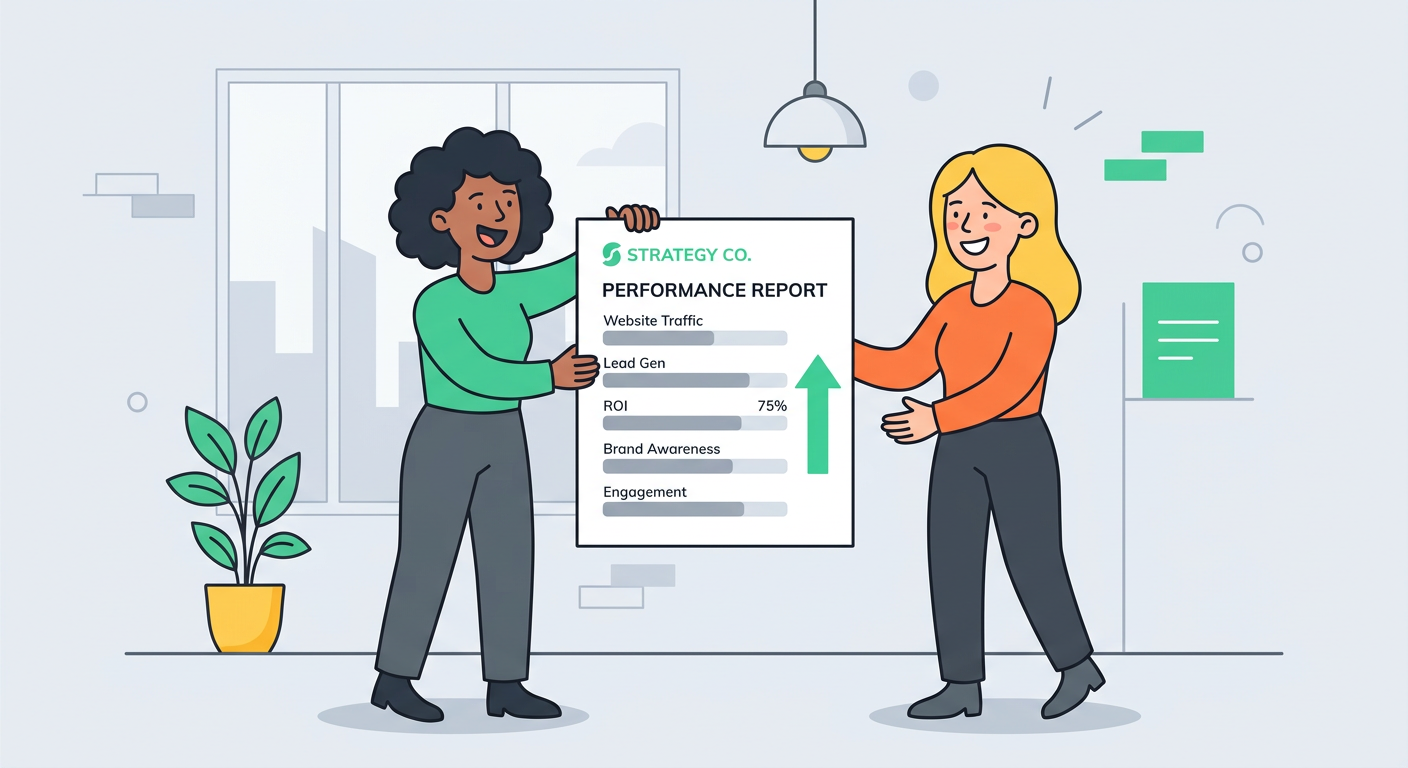 Playful flat vector illustration of an agency strategist presenting a clean white report card to a smiling client. The rep...