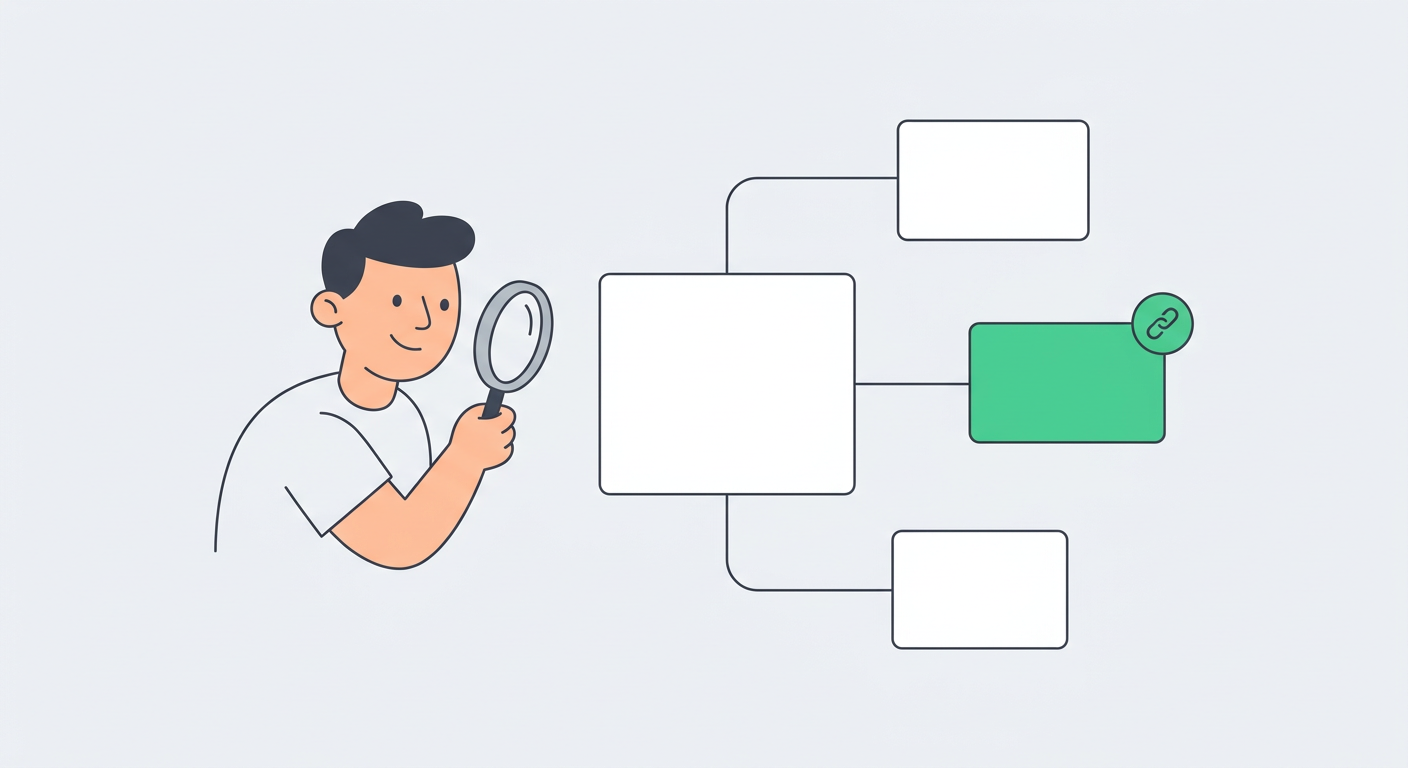Playful flat vector illustration of one simple human figure holding a magnifying glass beside a white hub page card connec...