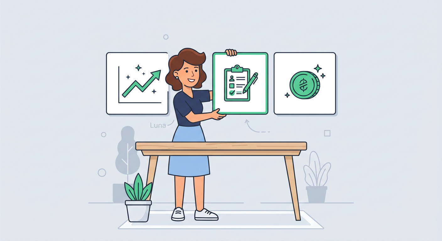 Playful flat vector illustration of a friendly analyst arranging three white dashboard cards showing a rising line, a lead...