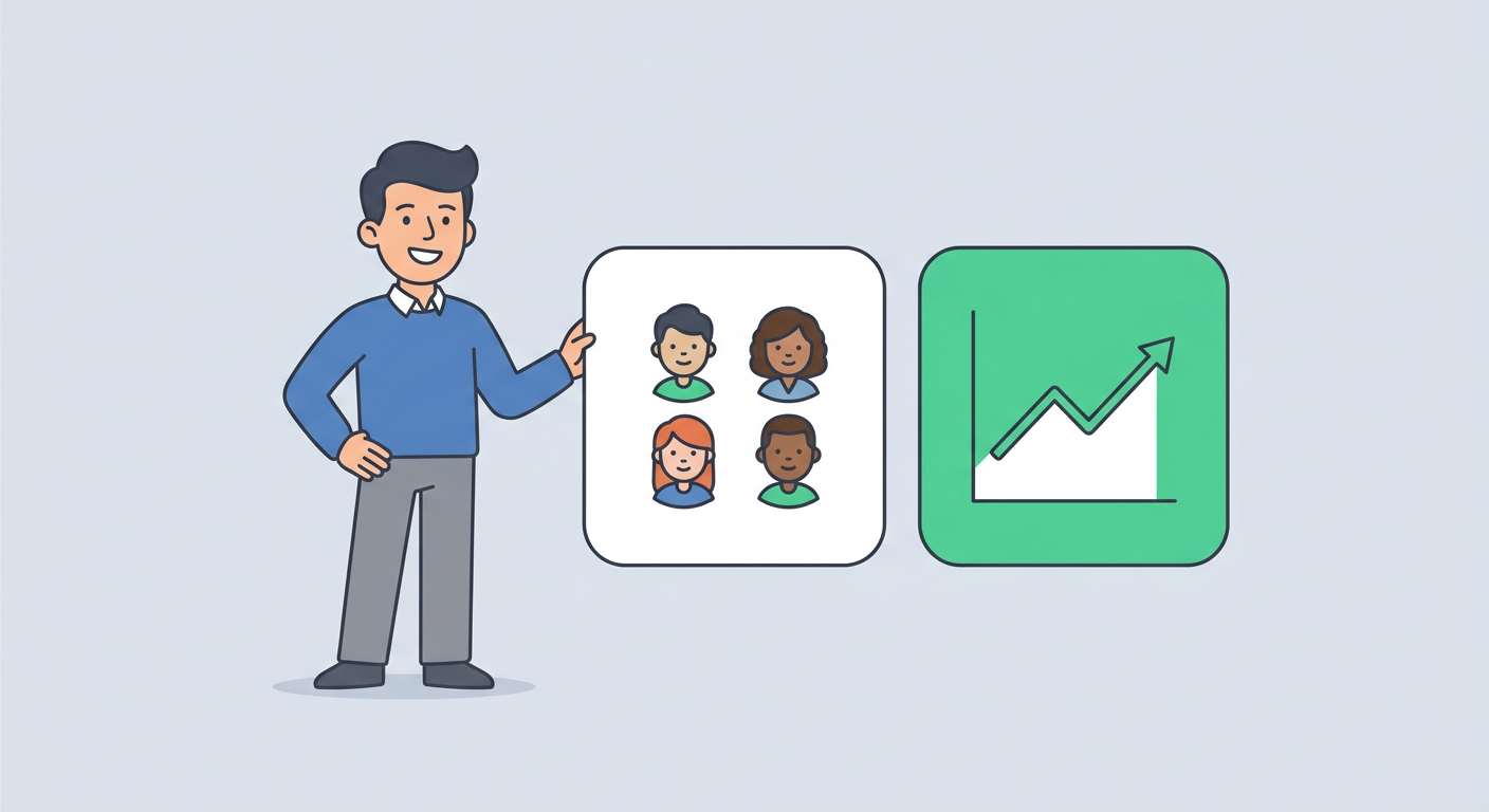 Playful flat cartoon illustration of a friendly marketing lead standing beside two white rounded planning cards, one with ...