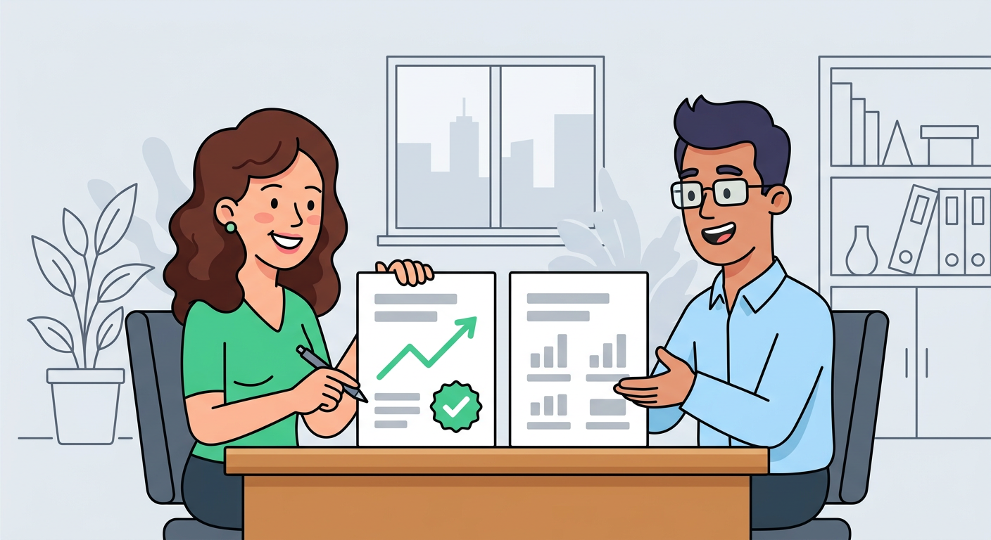 Playful flat vector illustration of an account manager and client sitting across from two white report cards. A #49cf8e up...