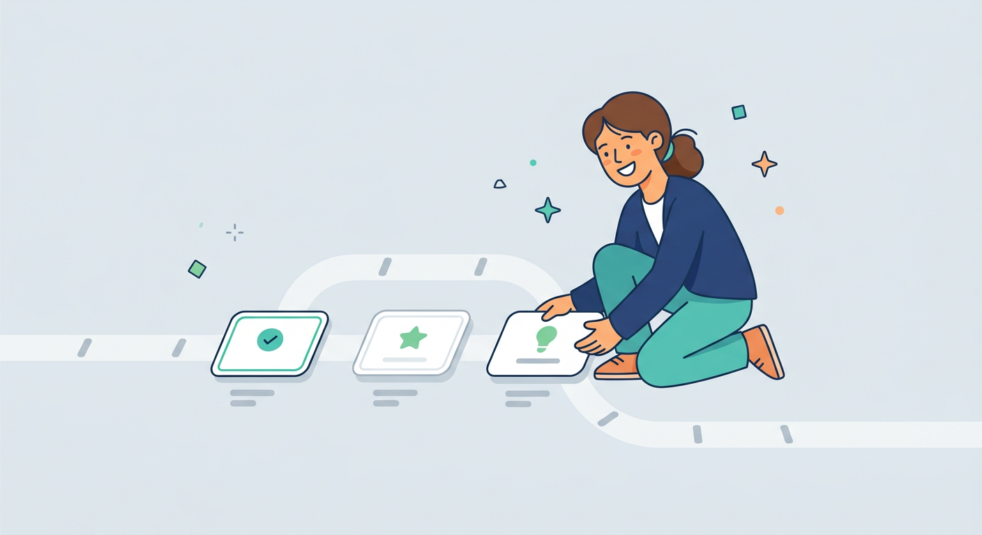 Playful flat vector illustration of a friendly strategist placing three white rounded cards onto a simple path labeled onl...