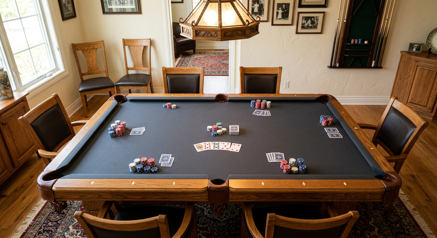 Photorealistic architectural interior photograph of a rectangular six-pocket luxury pool table viewed from above at a slig...