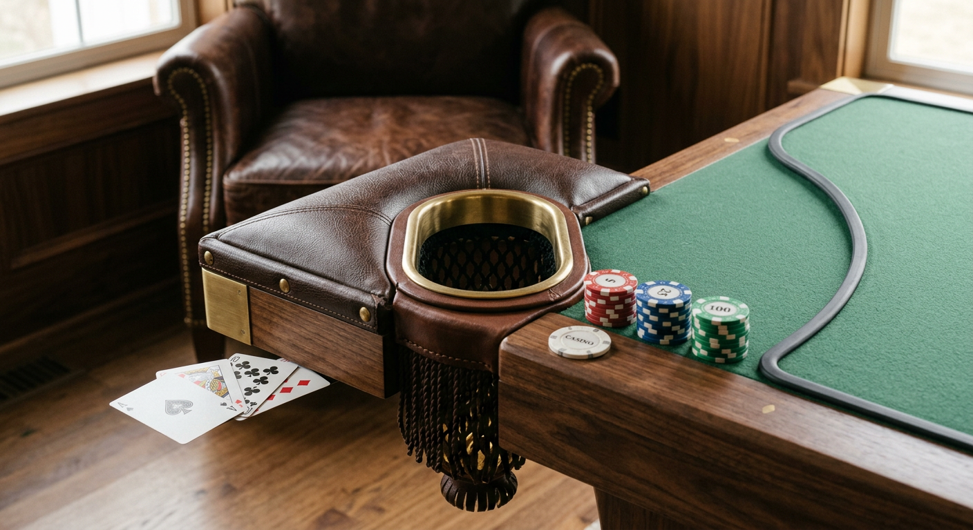 Photorealistic close-up interior photograph of the corner of one rectangular six-pocket pool table poker combo, clearly sh...