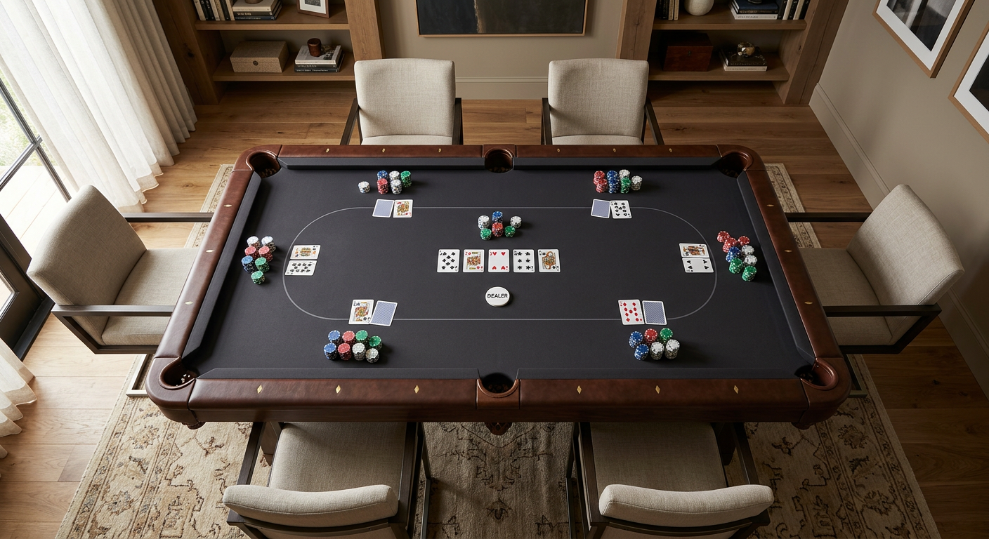 Photorealistic overhead architectural photograph of a single rectangular six-pocket pool table in card-game mode, showing ...