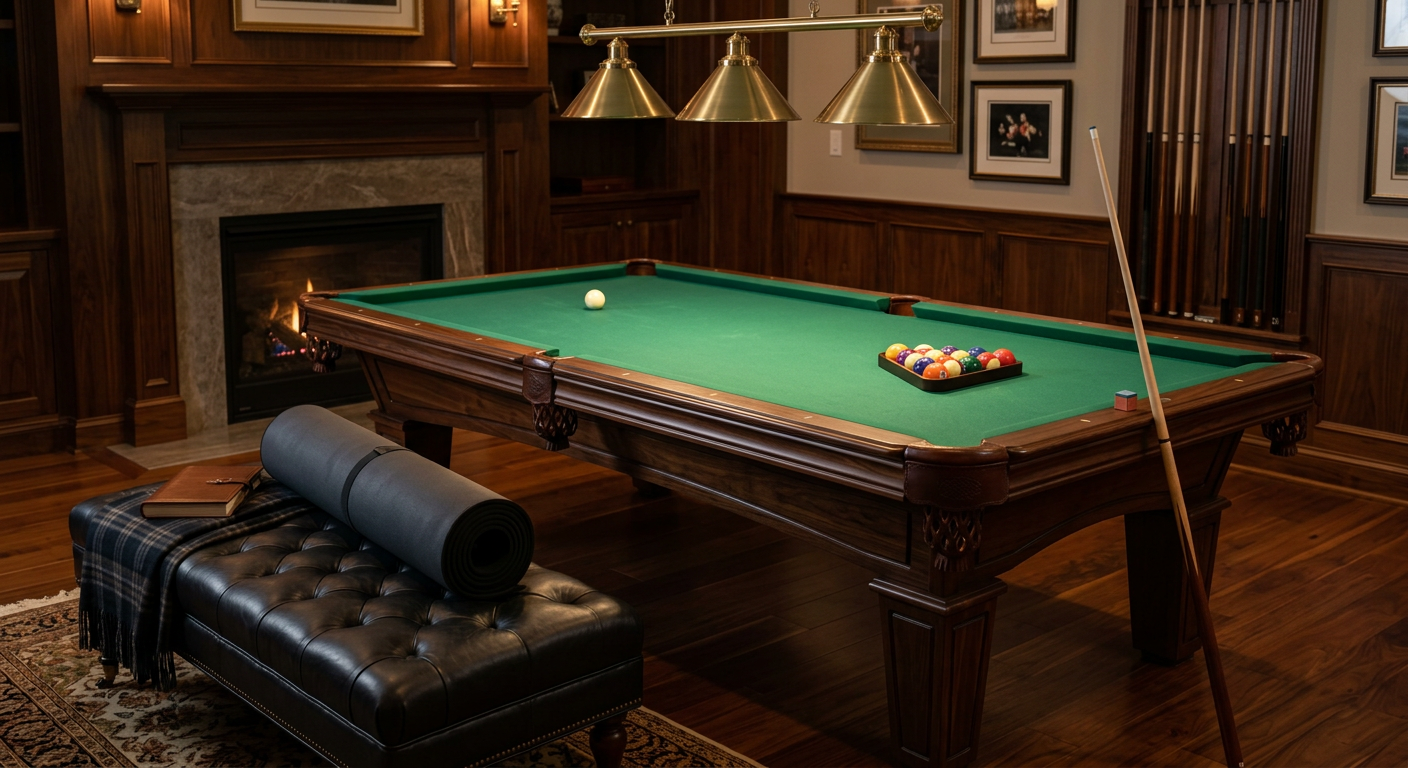Photorealistic luxury evening interior showing the same single rectangular six-pocket pool table returned to billiards aft...