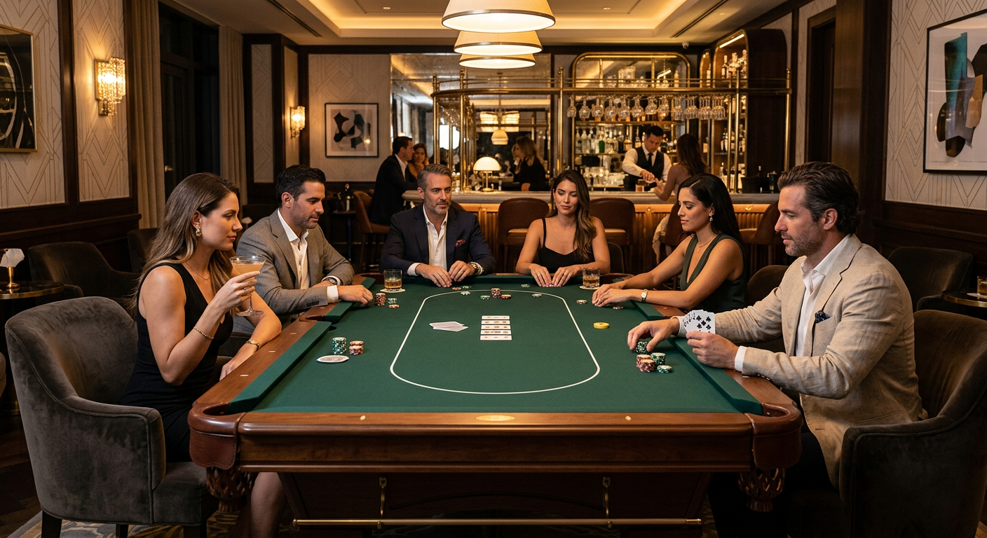 Photorealistic luxury hospitality photography of a Miami private club card night, centered on one rectangular six-pocket p...