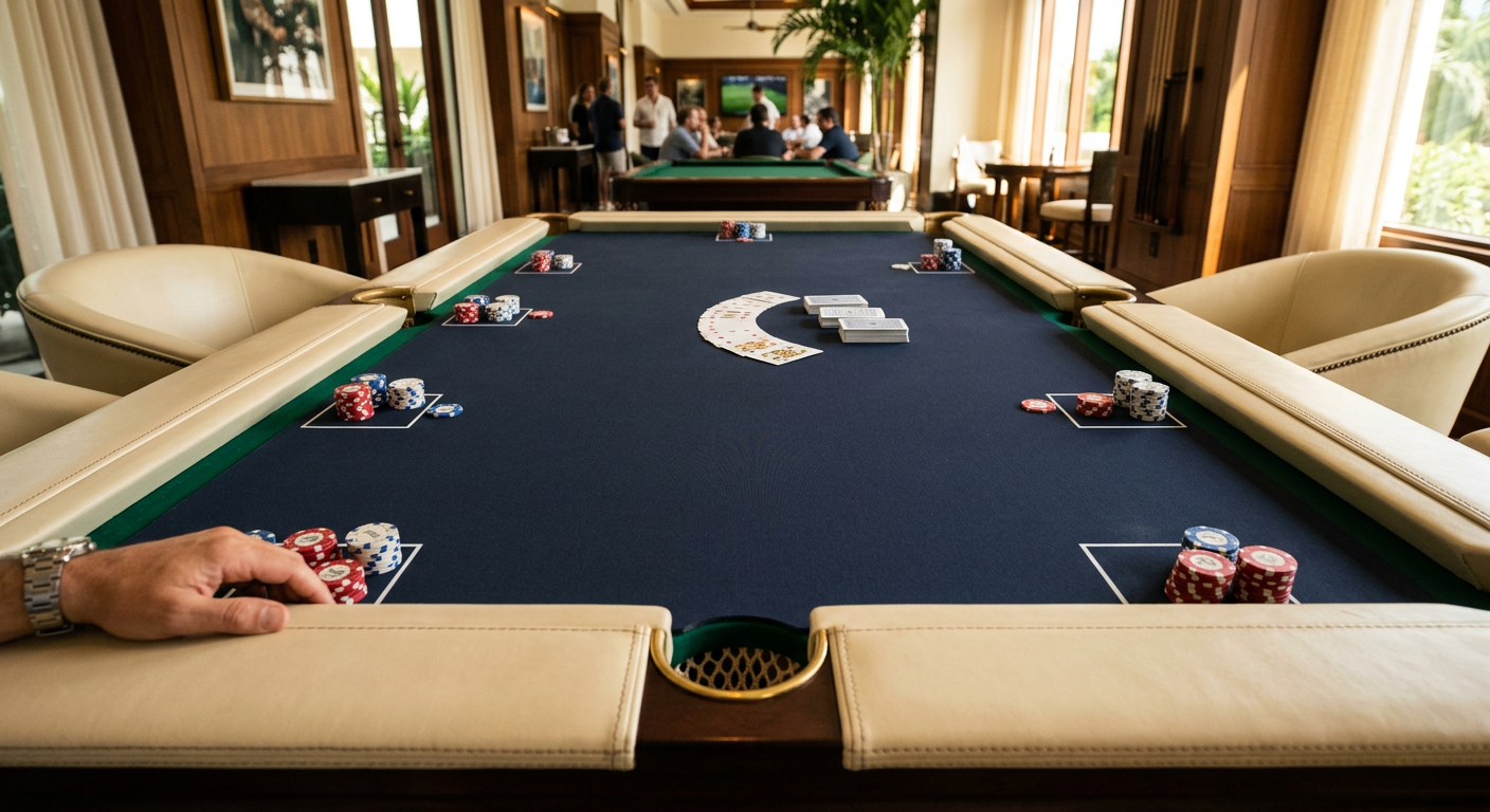 Photorealistic editorial interior photograph showing a close overhead angle of a rectangular six-pocket pool table in a Mi...