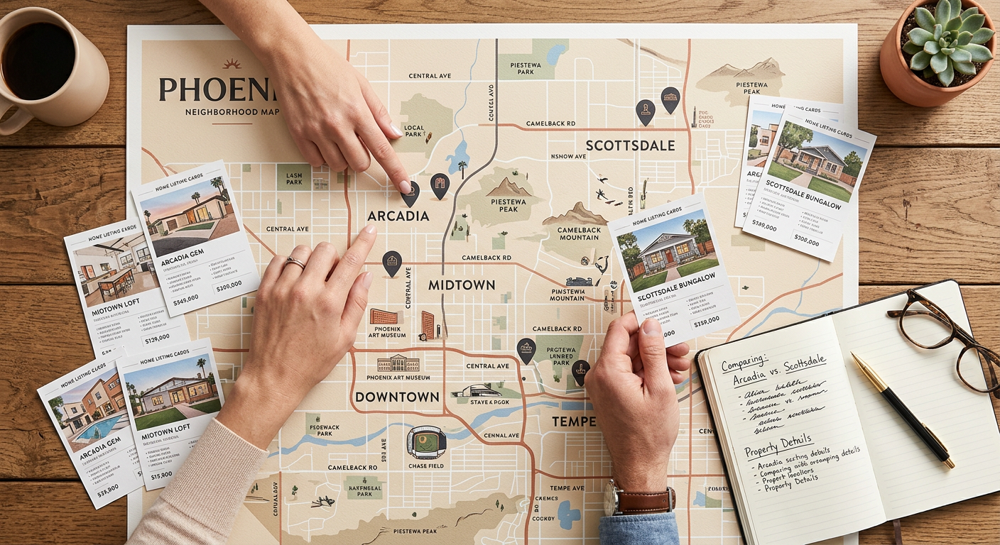 Phoenix ZIP Code Growth and Residential Demand: What Matters Modern editorial illustration of a Phoenix neighborhood map spread across a table, with subtle location pins, home listing...