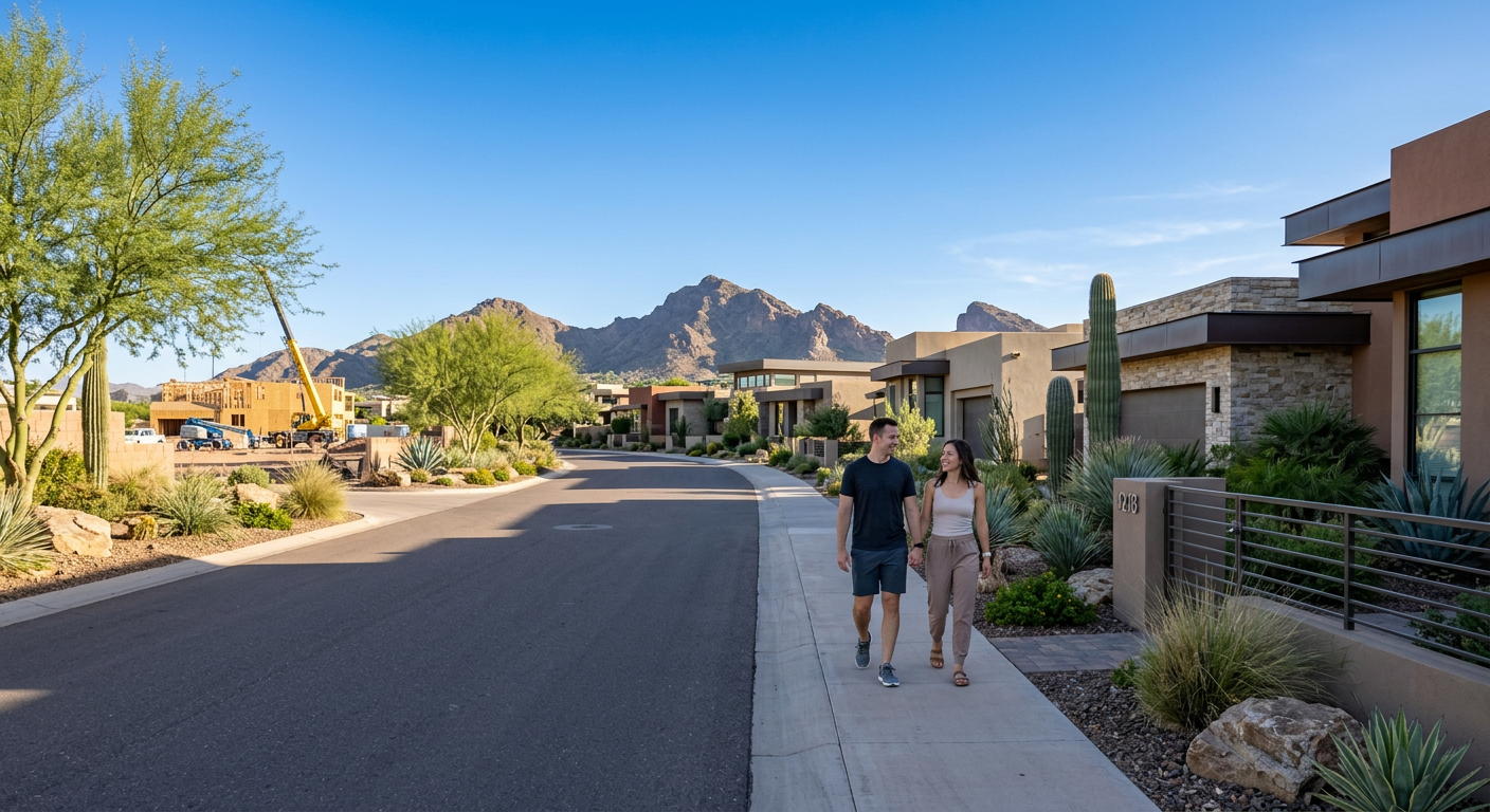 Phoenix ZIP Code Growth and Residential Demand: What Matters Photorealistic street-level scene in a newer Phoenix neighborhood, with a couple walking past contemporary desert homes, m...
