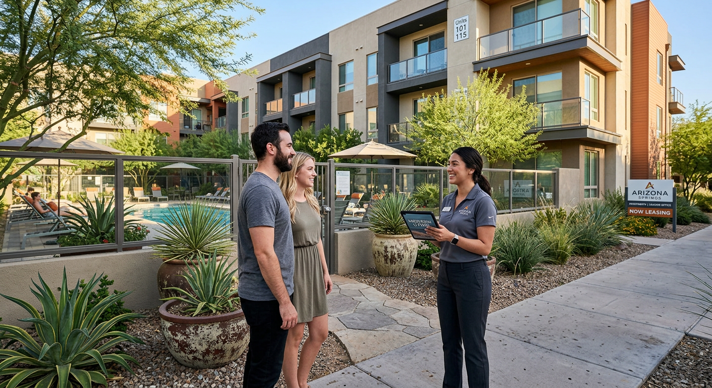 Photorealistic street-level scene outside a newly built Phoenix apartment community, with a leasing professional speaking ...