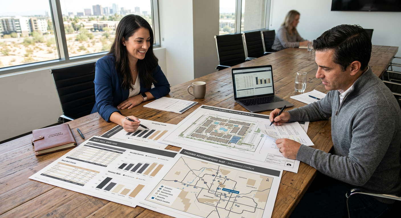 Modern editorial illustration of a Phoenix multifamily investment review, showing a broker and investor examining a proper...