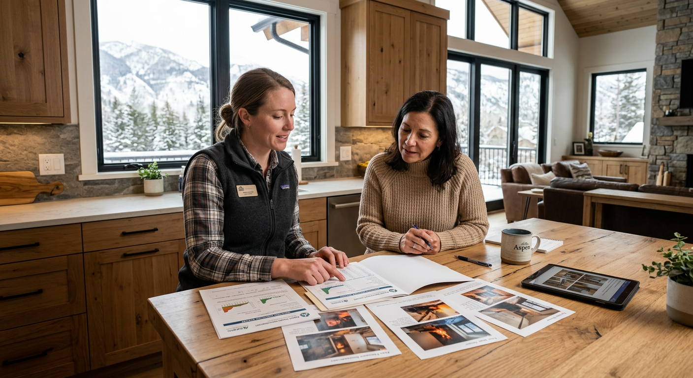 Fire and Smoke Restoration Aspen: Steps for Safe Home Recovery | Water Damage Cleanup & Restoration Company in Aspen | Helpers Photorealistic close view of a restoration project coordinator reviewing room photos and a moisture report with an Aspen h...