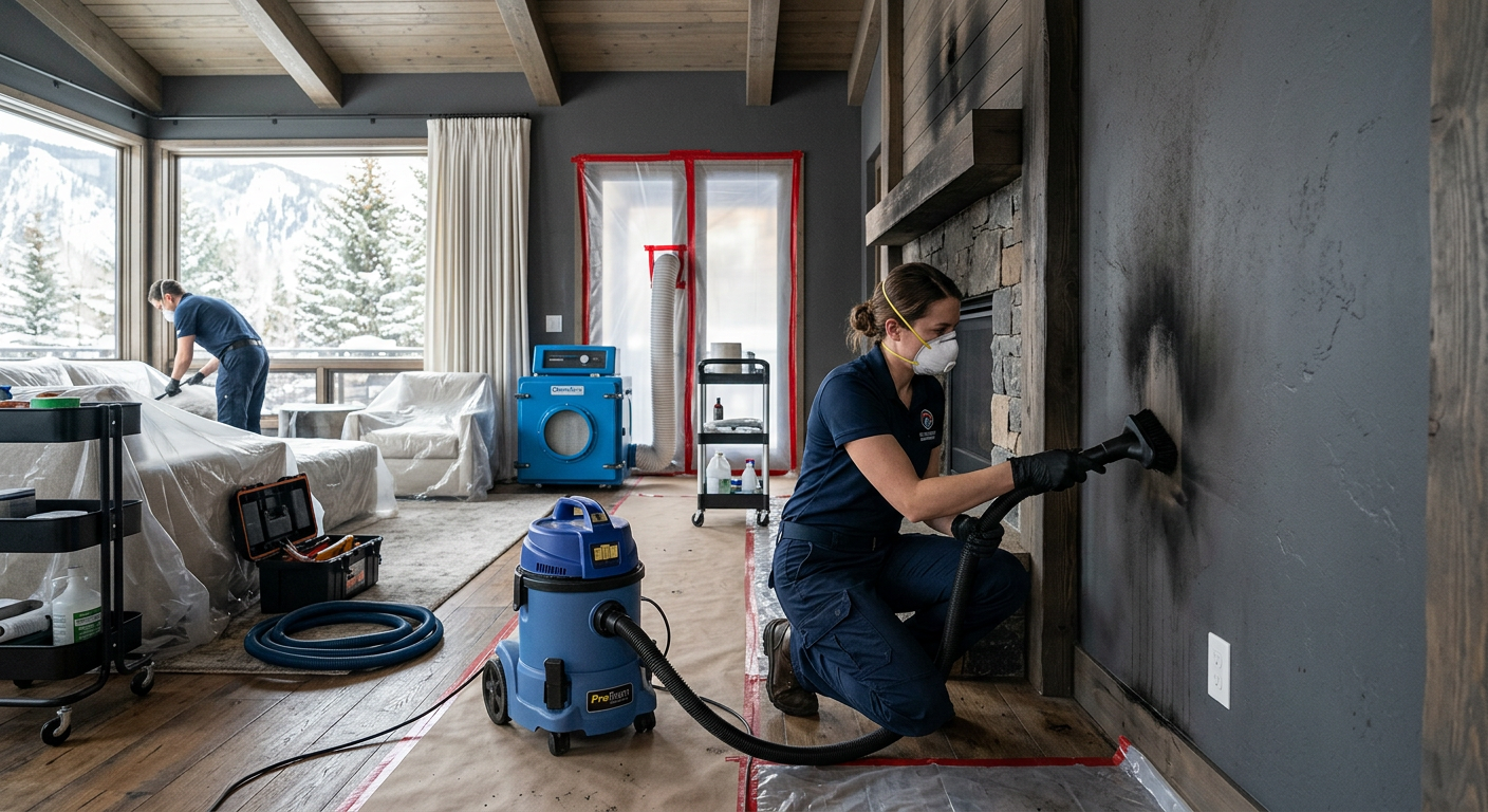 Fire and Smoke Restoration Aspen: Steps for Safe Home Recovery | Water Damage Cleanup & Restoration Company in Aspen | Helpers Photorealistic interior scene of an Aspen home living room undergoing careful fire restoration, with a technician using a ...