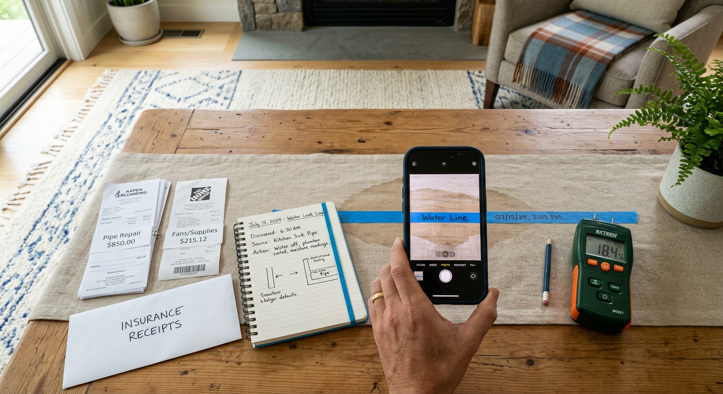 Water Damage Insurance Claim Help Aspen Homeowners Can Rely On | Water Damage Cleanup & Restoration Company in Aspen | Helpers Photorealistic overhead view of a homeowner’s water-loss documentation setup in a clean Aspen living room, showing a smart...