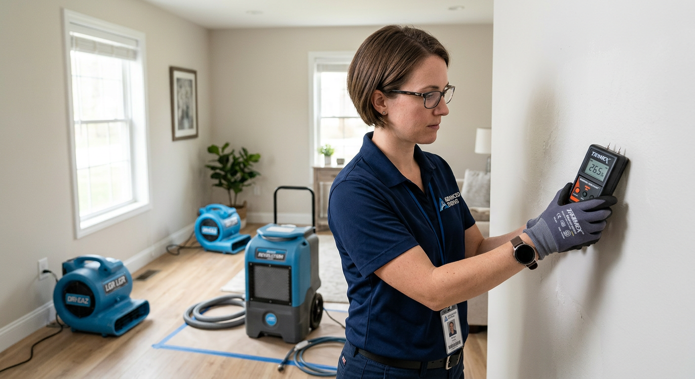 Photorealistic close-up of a restoration technician checking a wall with a moisture meter while commercial air movers and ...