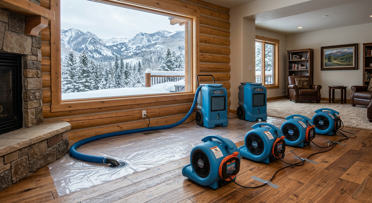 Photorealistic restoration setup in a finished mountain home basement, several air movers directed across flooring and a c...
