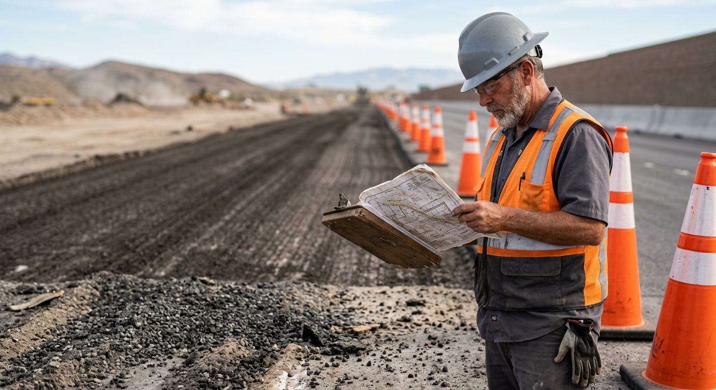 Photorealistic close-up of a Nevada road construction superintendent reviewing a pavement cleanup plan beside orange cones...
