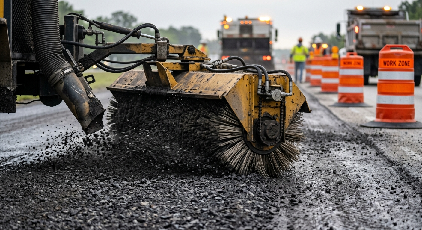 Photorealistic close-up of an unbranded mechanical broom sweeping coarse asphalt millings from a milled Florida highway la...