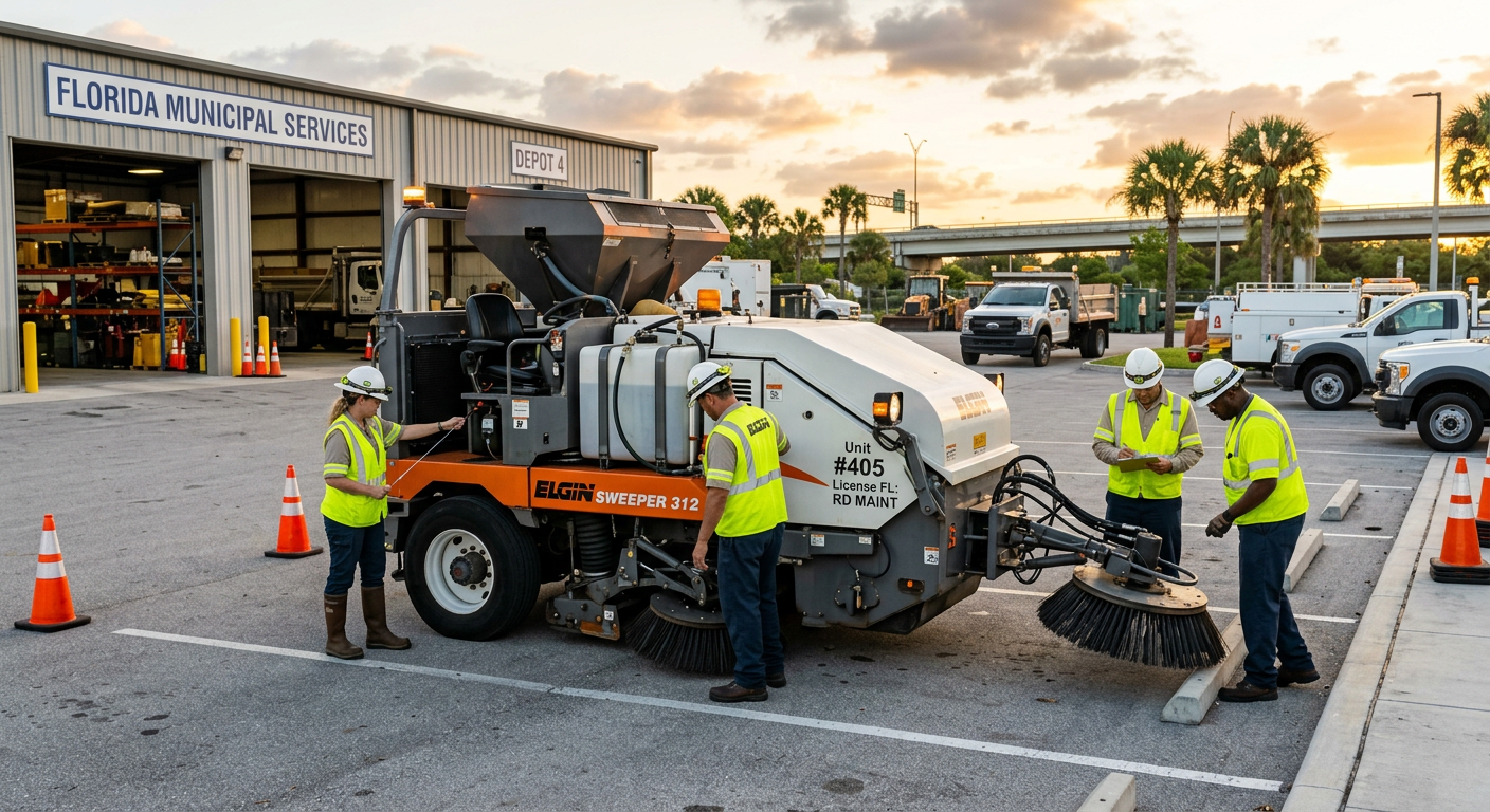 Photorealistic wide-angle Florida municipal road maintenance scene at sunrise, unbranded street-sweeping crew conducting a...