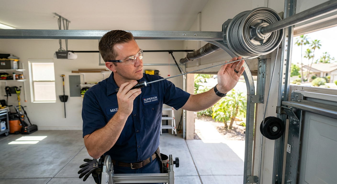 Garage Door Cable Replacement Cost in Ahwatukee, AZ Explained 1 Photorealistic close-up inside a clean residential garage in Ahwatukee, showing a trained technician wearing safety glasse...