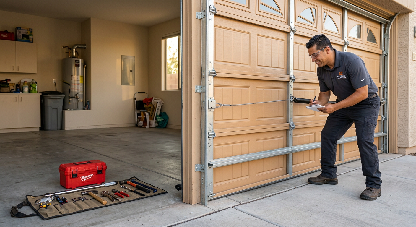 Garage Door Cable Replacement Cost in Ahwatukee, AZ Explained 2 Photorealistic finished repair scene at an Arizona suburban garage, showing a level closed garage door and clean track sys...