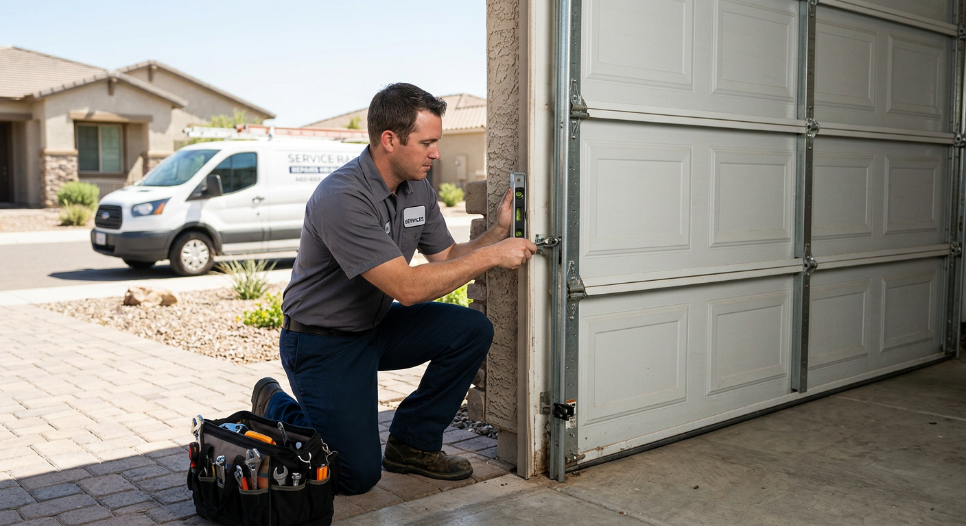 Off Track Garage Door Repair Queen Creek: What to Do First 2 Photorealistic residential garage service scene at a Queen Creek home, trained technician in plain work clothing carefully...