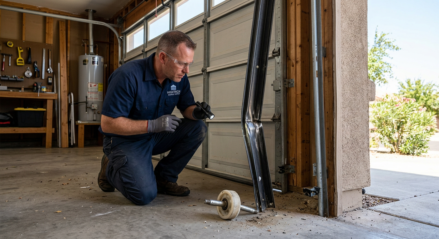 Off Track Garage Door Repair Queen Creek: What to Do First 1 Photorealistic close-up inside a residential garage in Queen Creek showing a detached nylon roller beside a slightly bent ...