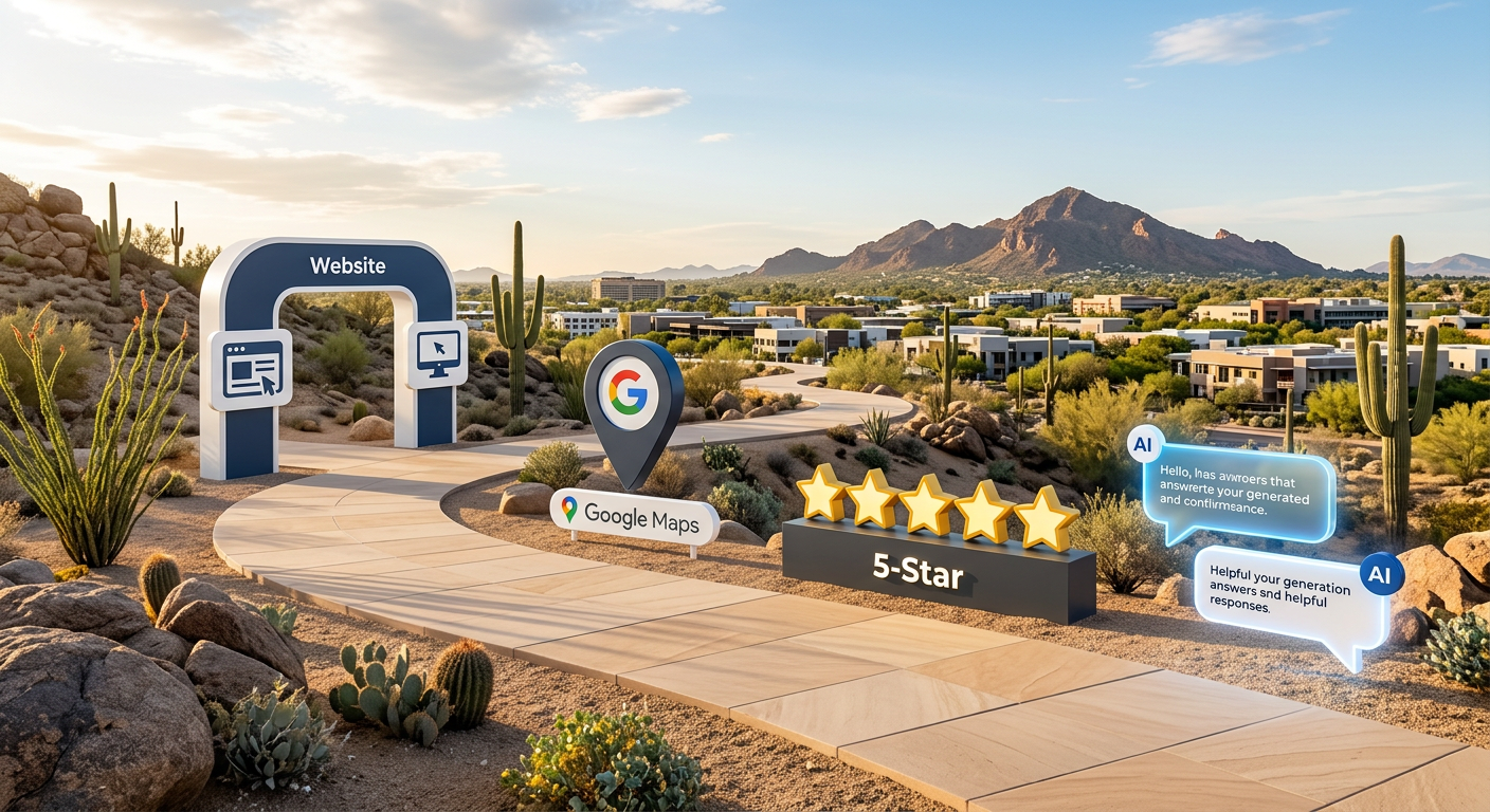 Modern illustrative scene of a clear pathway connecting a business website, Google Maps pin, customer review stars, and AI...