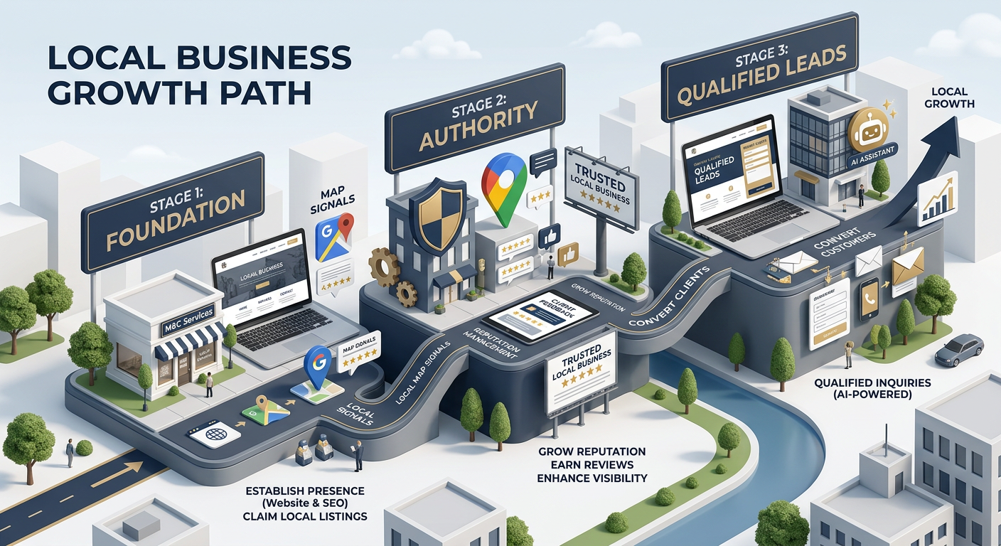 Clean isometric 3D illustration of a three-stage growth path for a local business, showing foundation, authority, and qual...