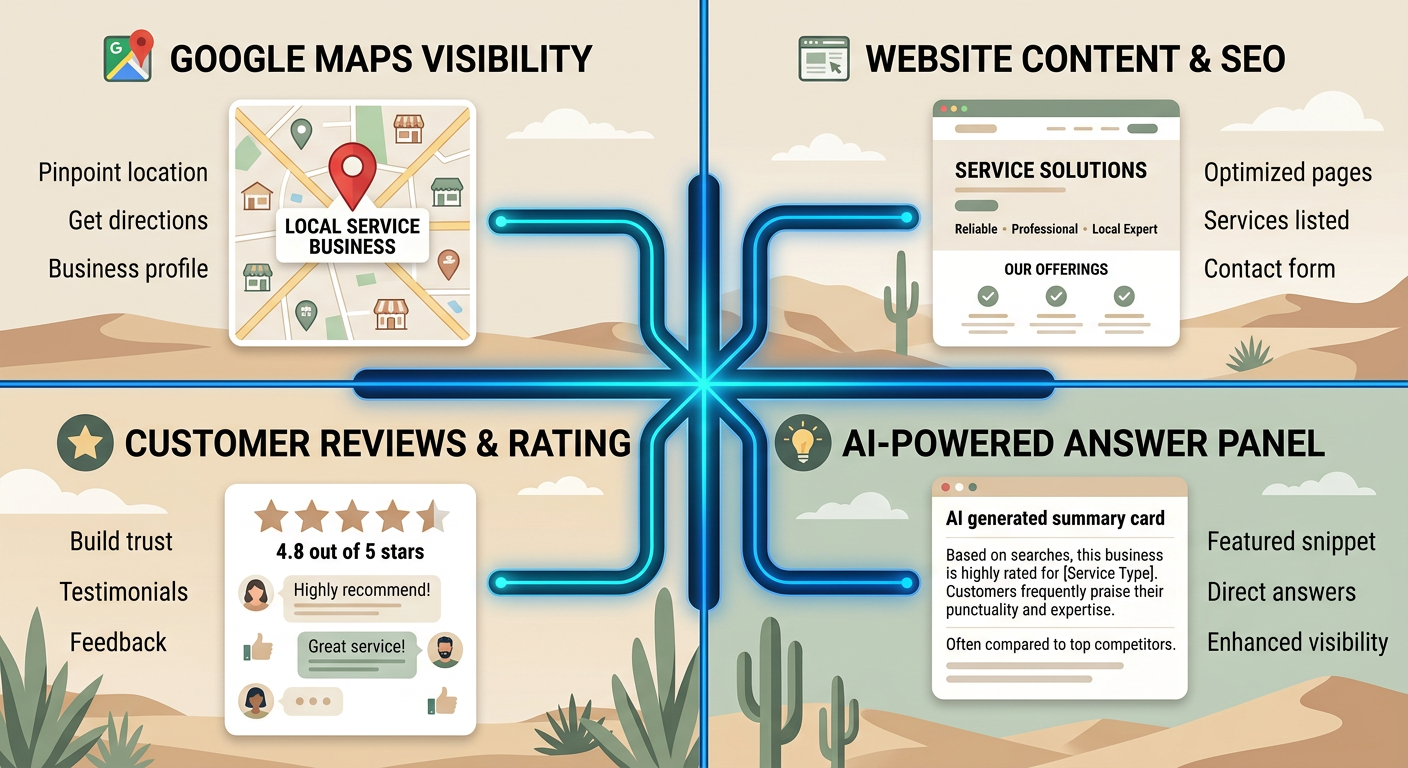 Modern illustrative split-screen showing a local service business becoming visible through Google maps, website content, r...