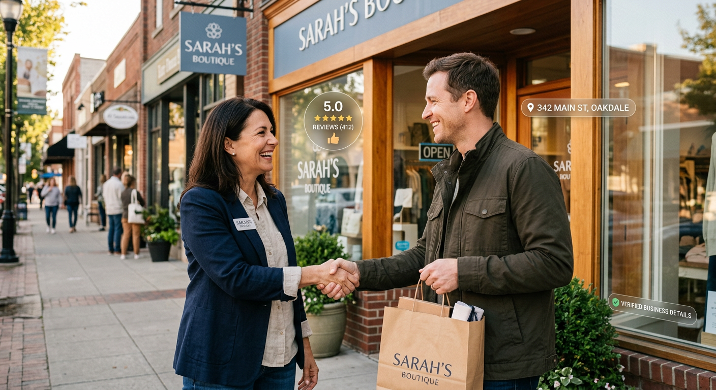 Photorealistic close-up of a business owner greeting a satisfied customer outside a polished local storefront, with subtle...