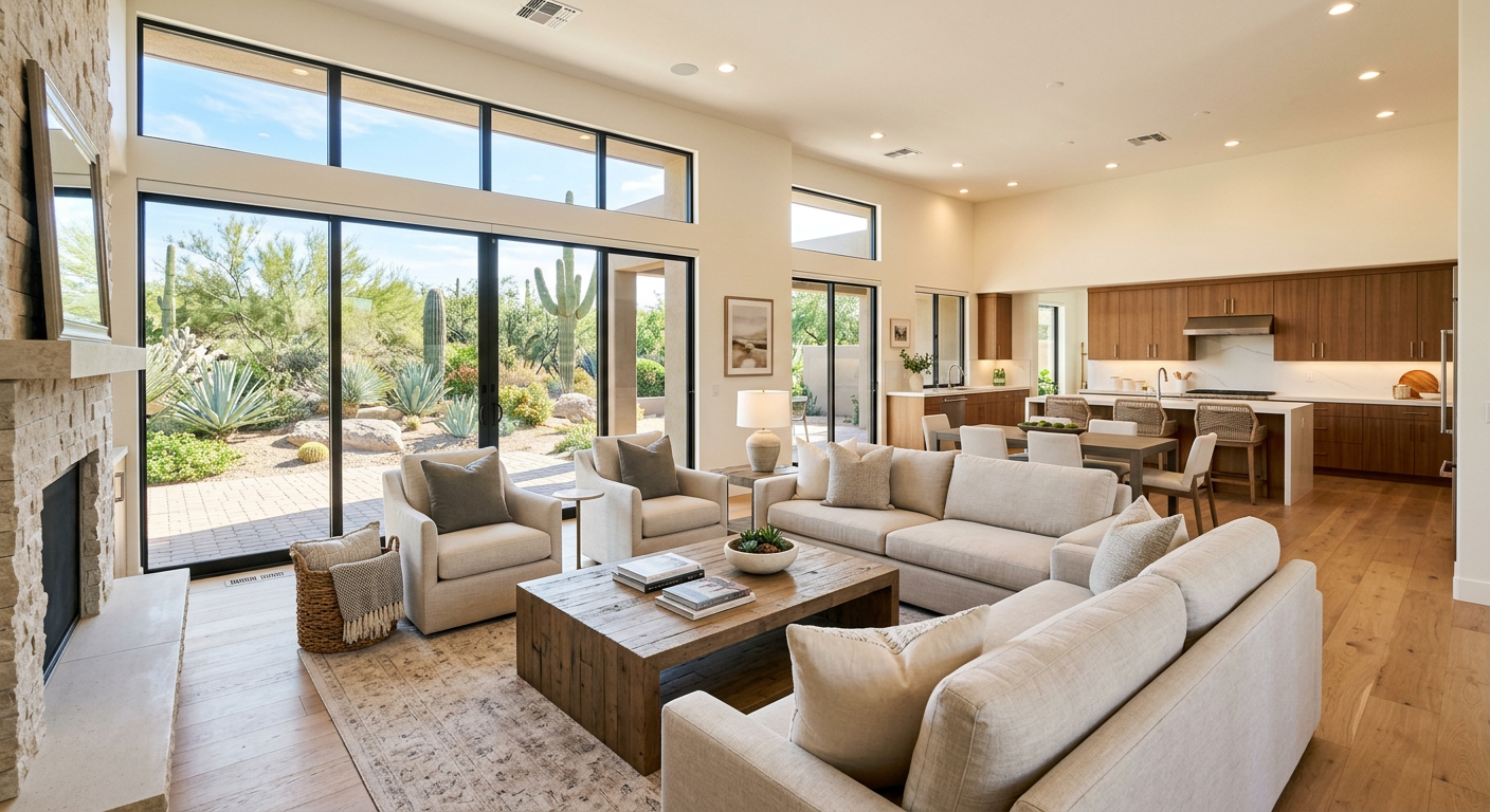Selling a Home in Scottsdale Arizona: Pricing, Prep, Offers| Realtors in Park Scottsdale | 85250 Real Estate Agents Photorealistic interior of a well-prepared central Scottsdale home, featuring a bright living room with neutral furnishing...