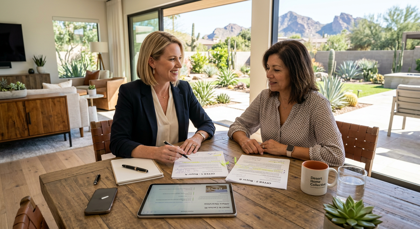 Selling a Home in Scottsdale Arizona: Pricing, Prep, Offers| Realtors in Park Scottsdale | 85250 Real Estate Agents Photorealistic overhead view of a Scottsdale seller and real estate professional reviewing two purchase offers at a bright...