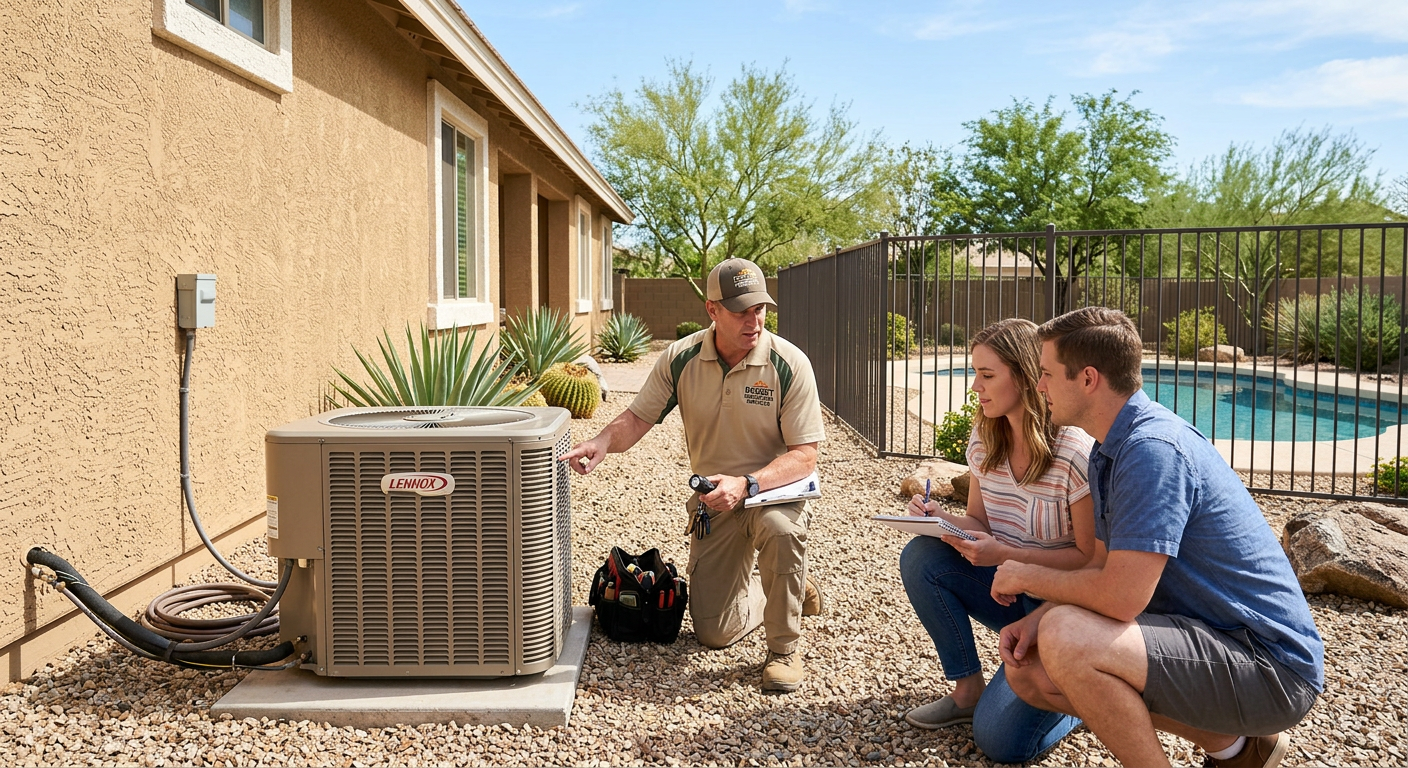 Photorealistic Scottsdale home inspection scene with an inspector examining an outdoor HVAC unit beside a single-story ran...
