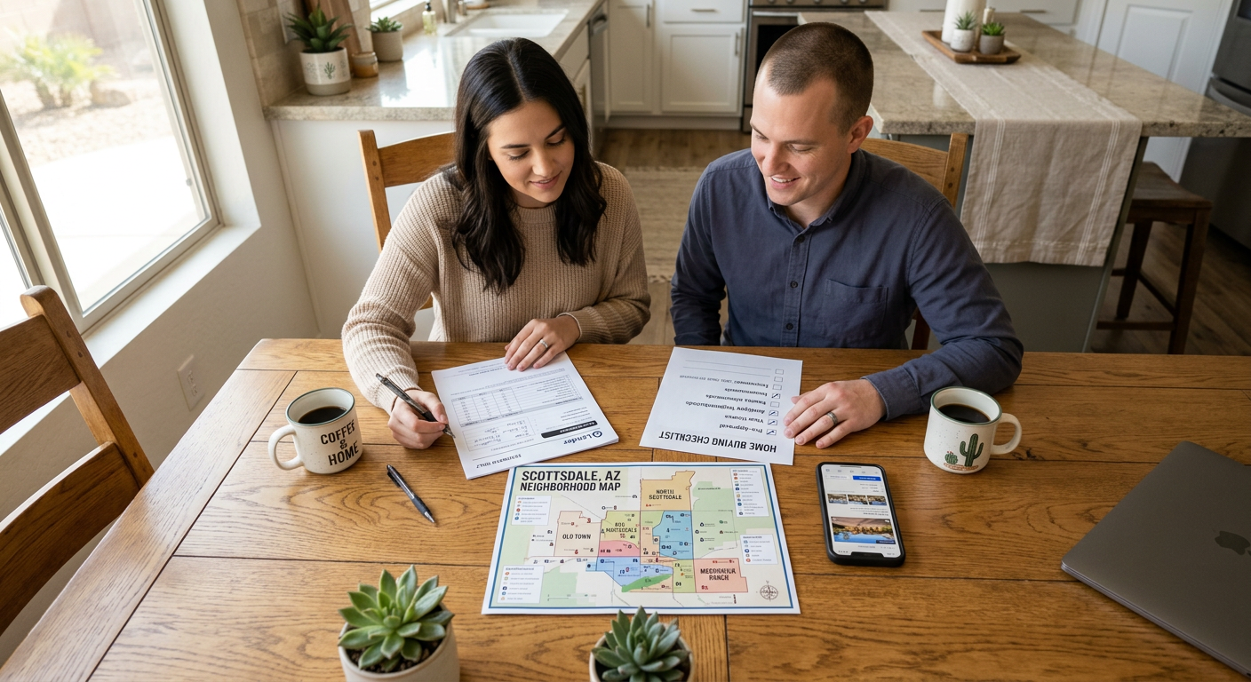 Photorealistic overhead scene of first-time buyers at a bright kitchen table reviewing a loan estimate, home checklist, an...