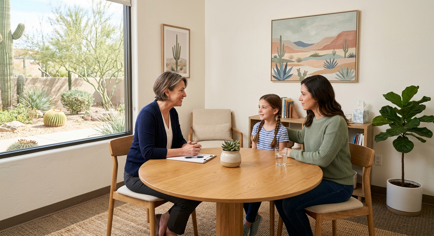Photorealistic, reassuring consultation scene in a calm Scottsdale psychiatry office, a child and parent speaking comforta...