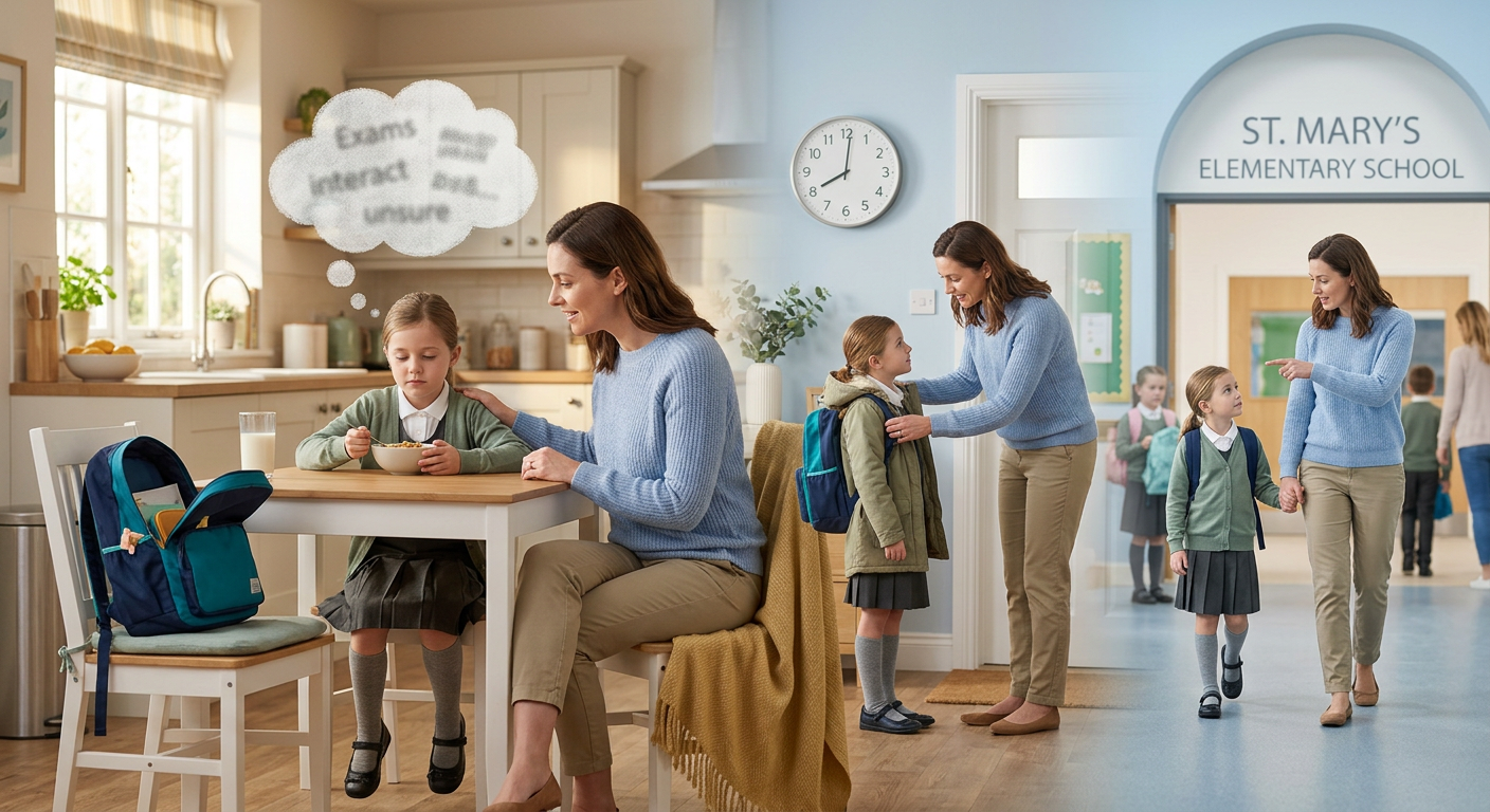 Gentle modern illustration of a child’s school-morning routine, showing a backpack, breakfast table, school entrance, and ...