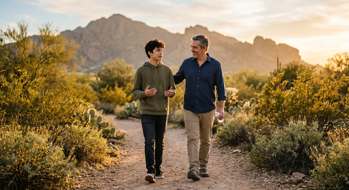 When to See a Child Psychiatrist in Scottsdale: Parent Signs Photorealistic close-up of a teenager walking beside a supportive parent on a quiet Scottsdale park path at golden hour, s...