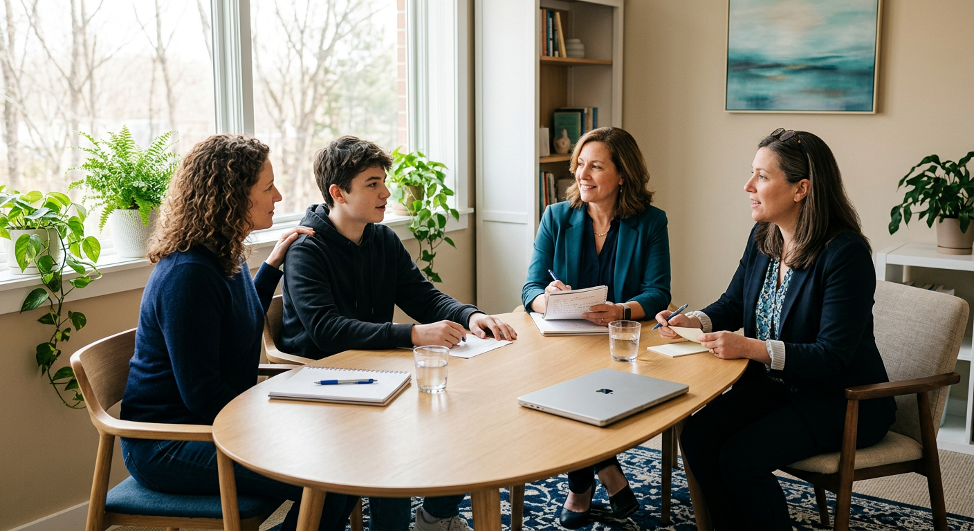 When to See a Child Psychiatrist in Scottsdale: Parent Signs Warm, modern illustrative scene of a parent, teenager, teacher, and child psychiatrist seated in a calm consultation space...