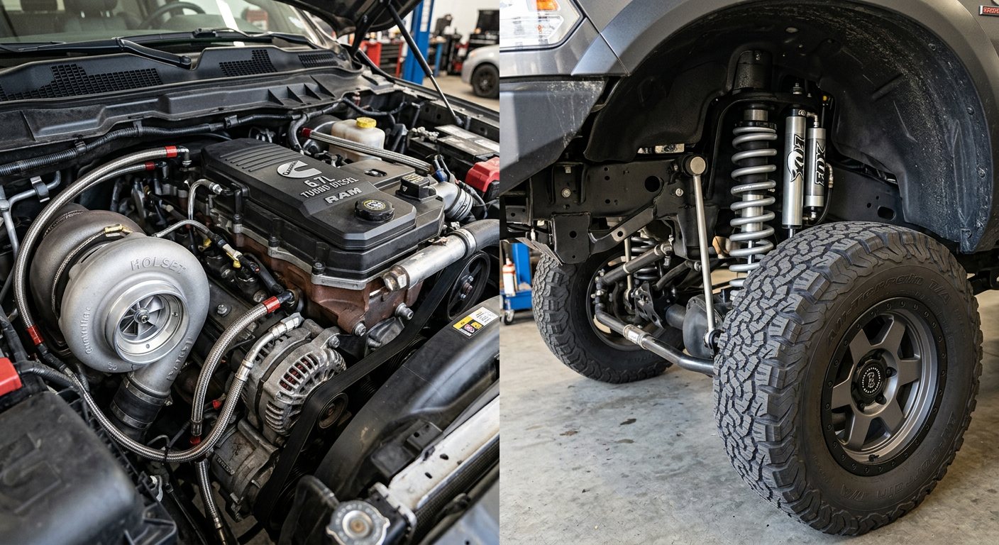 Photorealistic close-up of a Cummins diesel engine bay beside the front suspension and all-terrain tire of a lifted Ram 25...