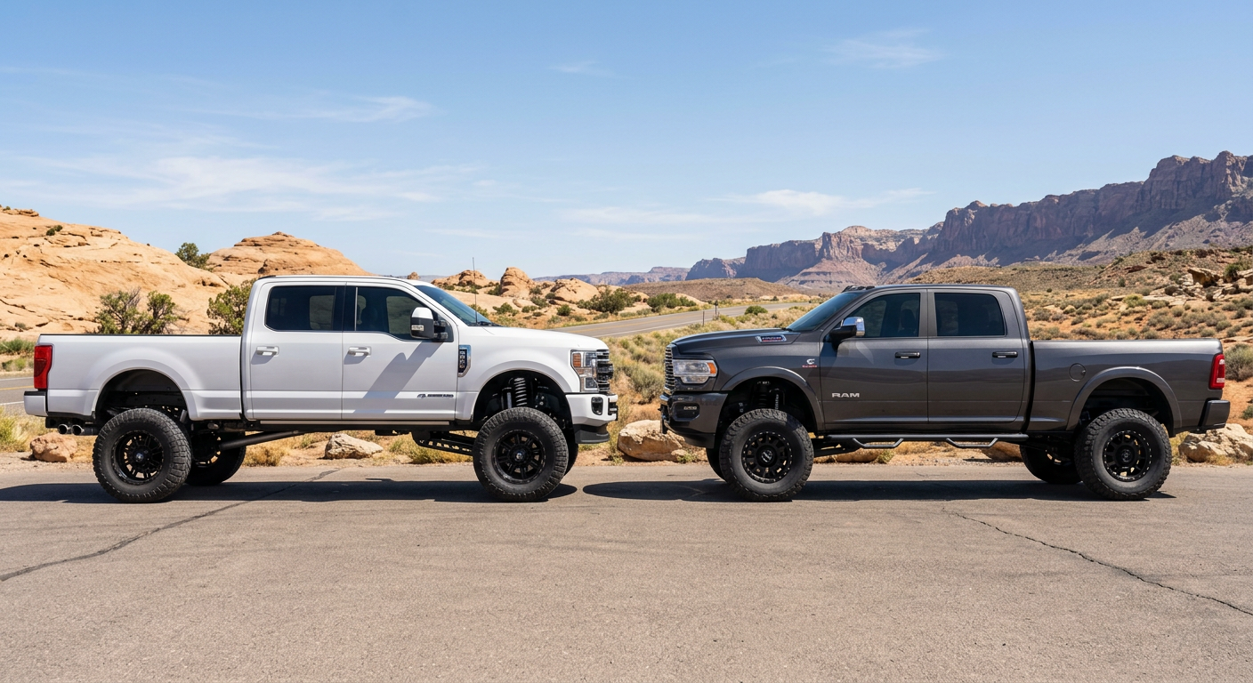 Photorealistic comparison scene of a white lifted Ford F-250 and dark gray lifted Ram 2500 parked side by side on clean de...