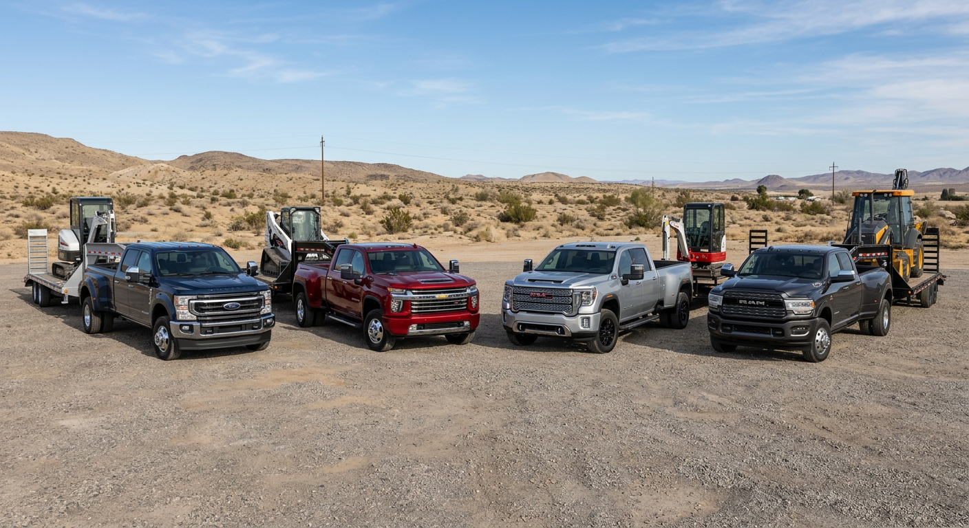 A photorealistic comparison lineup of a Ford F-350, Chevrolet Silverado 3500HD, GMC Sierra 3500HD, and Ram 3500 parked out...