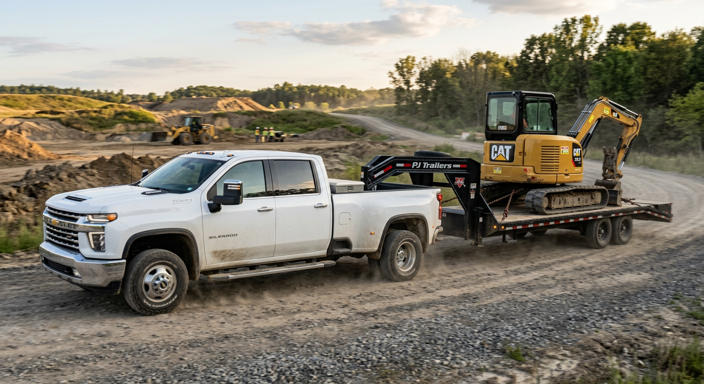 A photorealistic white Chevrolet Silverado 3500HD dually towing a compact excavator on a gooseneck trailer, close side-ang...