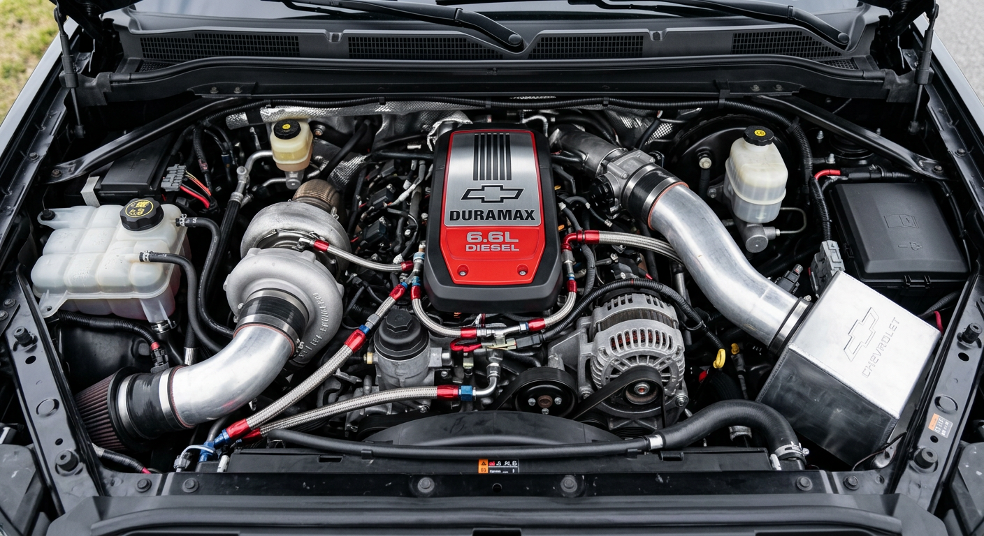 Close-up of a clean Duramax diesel engine bay in a Chevrolet Silverado 2500HD, photorealistic detail photography, visible ...
