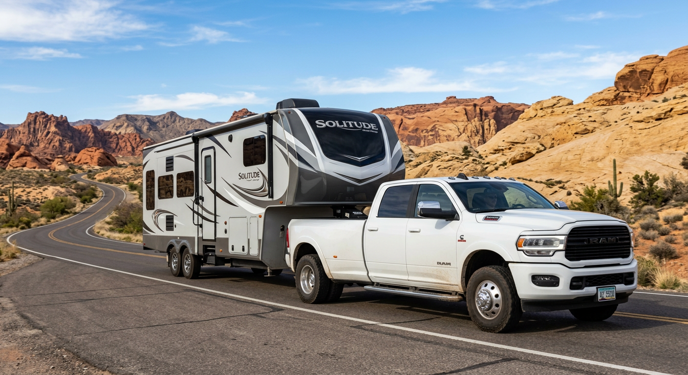 A white Ram 3500 diesel dually towing a fifth-wheel trailer through a sunlit Arizona landscape, photorealistic automotive ...