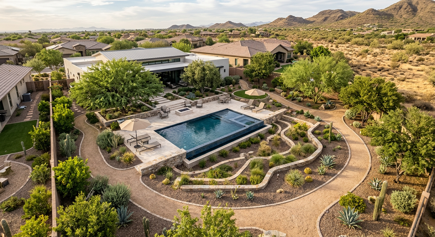Photorealistic aerial view of a sophisticated Phoenix backyard showing distinct planting zones, mature shade trees, a pool...