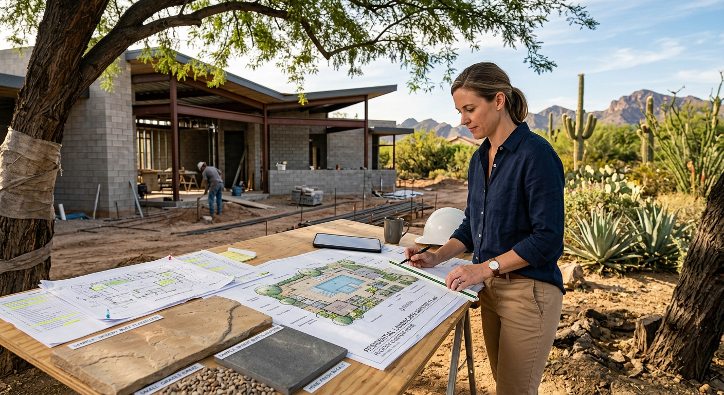 Photorealistic close-up of a landscape architect reviewing a refined residential site plan beside a Phoenix custom home un...